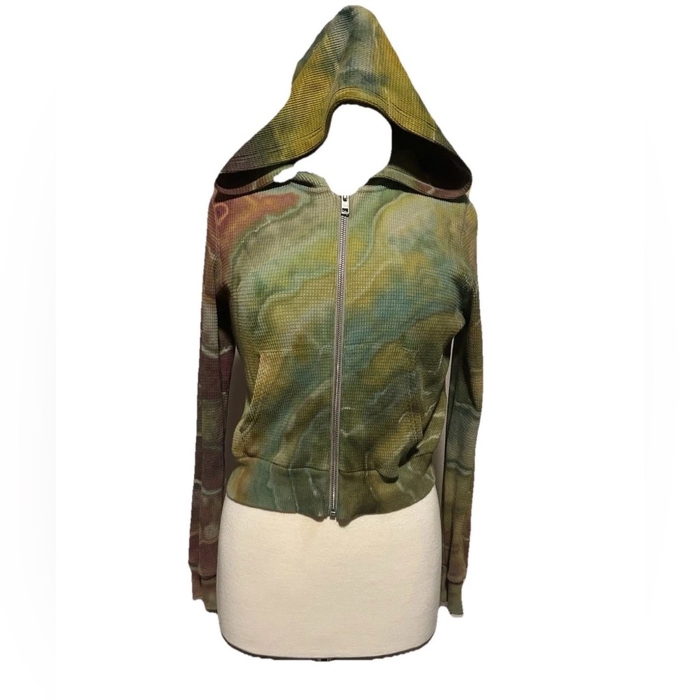 TNA Small Tie Dye Hoodie Thermal Waffle Knit Ice Dye Geo Stretch Stretchy Hippie